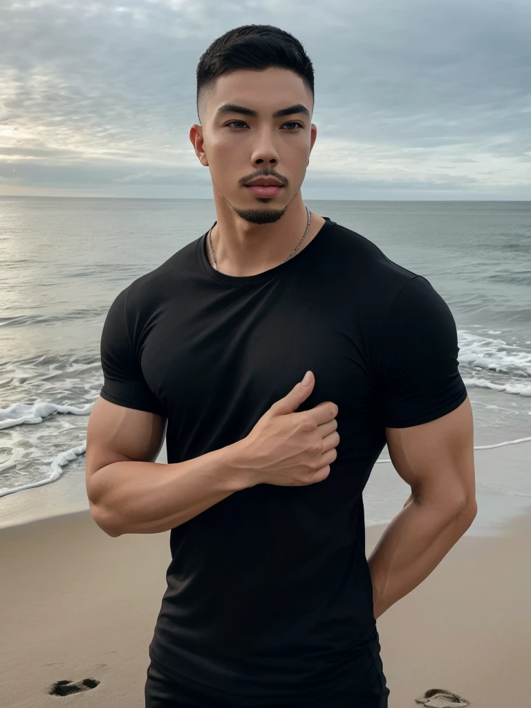 Tony Labrusca, Young man in a tight black t-shirt Standing by the sea with an expression, looking into the distance Turn your head slightly.,Cloudy day,