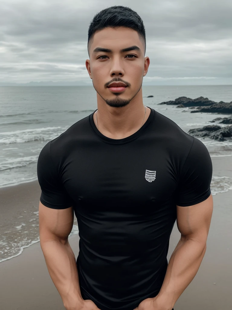 (Create a masterpiece: 1.2),(CGI art:1.3),(realistic:1.5),(After processing:1.3), (Sharp focus:1.3), 1 man, open mouth, smile, (Navy blue round neck shirt), Navy cargo pants, Korean guy , korean men, (High gloss details), chest muscles, large arm muscles, blood vessel, Big muscles, Broad shoulders, looking at the audience, Balancing the eyes, Seaside, beach, sunlight, running towards the camera