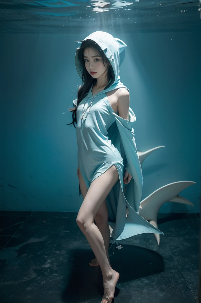 (((best quality))),(((ultra detailed))),(((masterpiece))),illustration,(1 beautiful girl,shark girl,solo),((slim,thin,small breasts,flat chest)),aquarium,summer night,(sleek sharkhead-hooded shirt-dress:1.3),shimmering hues,enchanting aura,(shoulder length straight bob hair:1.2),ocean-blue locks,shiny seaweed,porcelain skin,neon lights,emerald eyes,sharp gaze,delicate shark fin,translucent membrane,dancing fish,vibrant colors,undulating water,salty scent,distant waves,coral reef,gentle shadows,serene ambiance,electric atmosphere,Alezandra,oceanic magic,allure,enchantment,vision,extraordinary presence,((from front,full body,arms behind back,spread legs apart))