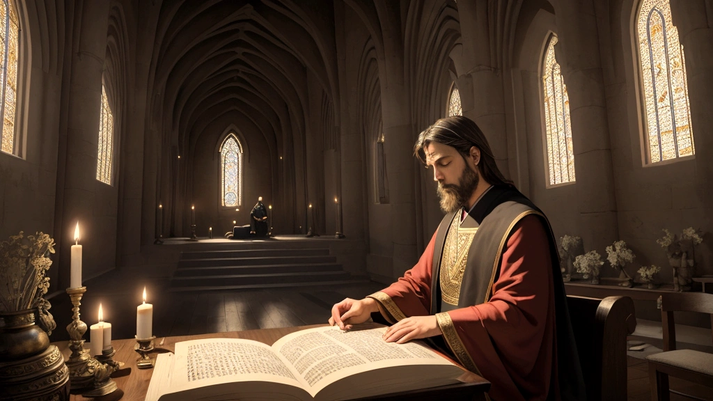"Description: Create a reflective scene depicting Paul contemplating the mystery of the afterlife. Show Paul in a meditative pose, deep in thought, surrounded by scrolls or writings symbolizing his letters and theological reflections.
Details: Use warm, contemplative colors and a peaceful setting to convey introspection and spiritual depth. Include symbolic elements like a celestial backdrop, ancient manuscripts, and subtle divine light to emphasize Paul's contemplation on the mysteries of eternal life. This visual should capture the intellectual and spiritual journey of Paul as he ponders the profound truths and assurances of the afterlife."