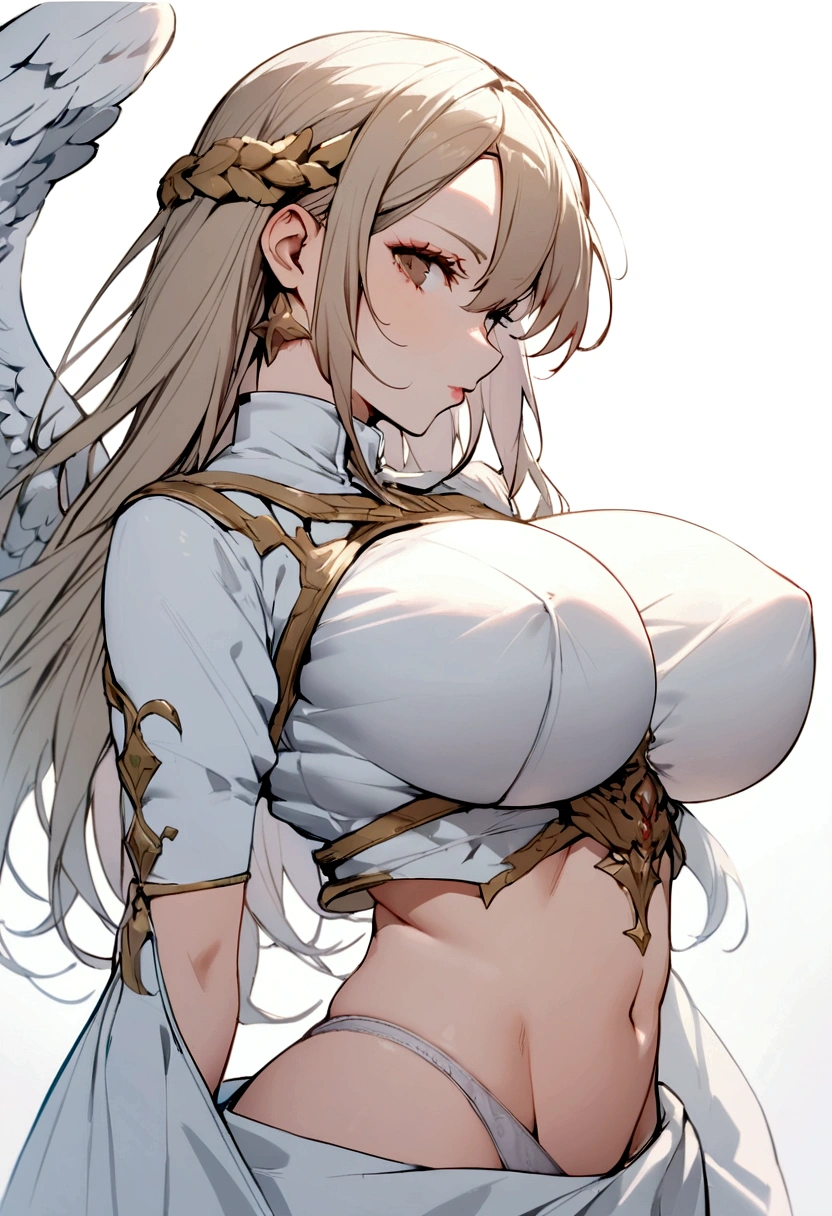 upper body, 1 woman, (angel:1.4), big bust, panties, diaphragm, facing side, looking at viewer, (split), cropped jacket