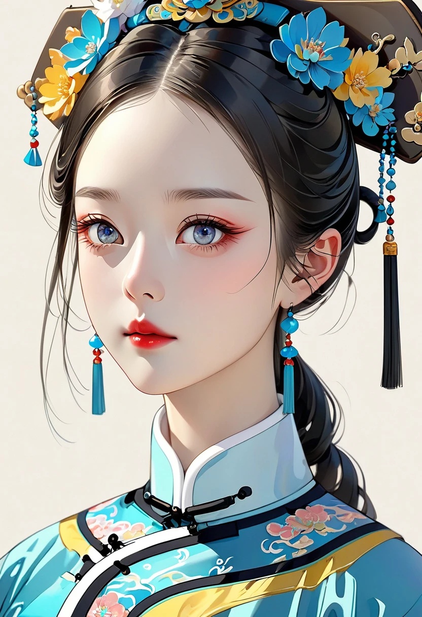 Fine brushwork，2d，Colored pencils，fine digital art，Clean lines，Beautiful Chinese Qing Dynasty Princess，Bright Eyes，Exquisite facial features，Delicate hair，Qing Dynasty Clothing，Clean background，Bright colors，High Saturation