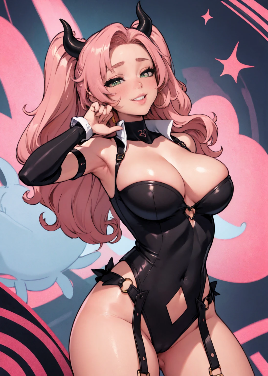 big lips, pink hair, pink eyes, japanese face, gyaru, huge breasts, wide hips, sexy, pink theme, kawaii, detailed, decora, bangs, grin, gyaru outfit, kawaii, pink and black outfit,, horns, cute succubus, small succubus wings, winking, eye wink, , twin tails, winky face, , nicole demara, cityscpe, city scape, city background, nicole zzz, zenless zone zero, from below, perfect angle, HD quality, 8k, green eyes, loser hand sign, loser, L