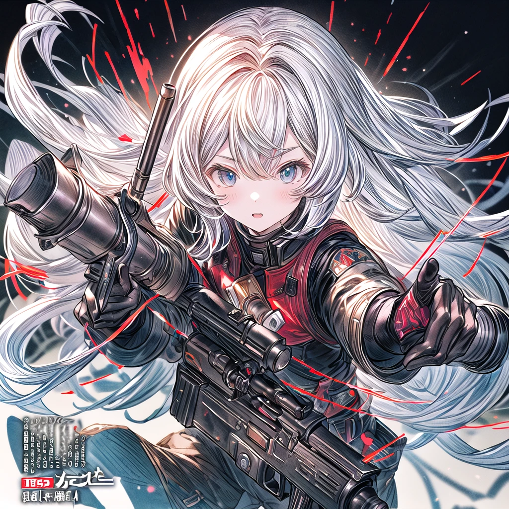 One girl、Dynamic configuration、[17277fbe68],threatened hideo、high quality、Maximum details、(((最high quality、最高masterpiece、Official Art、最高のDynamic configuration)))、(Thin Hair)、(Tabletop, 最high quality), Very detailed, Anime Style, Concept Art、whole body, (masterpiece), 最high quality, Fantasy art,whole body、masterpiece、最high quality、(colorful)、（Beautifully detailed eyes and face）、Cinema Lighting、Extremely detailed CG、Super huge、whole body、wallpaper、Uniforms with weapons in Wonderland, (((Everybody wears black and red ))), Ammunition belt, gun, machine gun, gatling gun, hand gun,weapons,Barren Land、White Background、
