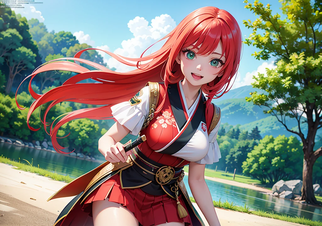 Gripping sword, Realistic photos, Focus distance 10mm, Red and white, A big smile, Green Hair, Beautiful girl, Realistic photos, Focus distance 10mmで撮影, masterpiece, 最high quality, high quality, Very detailed CG 8k wallpaper unit, Award-winning photography, Bokeh, Depth of written boundary, High resolution, bloom, chromatic aberration, Realistic, Very detailed, Art Station Trends, CGsociety Trends, Complex, High detail, dramatic, Art on the go, Japanese style
