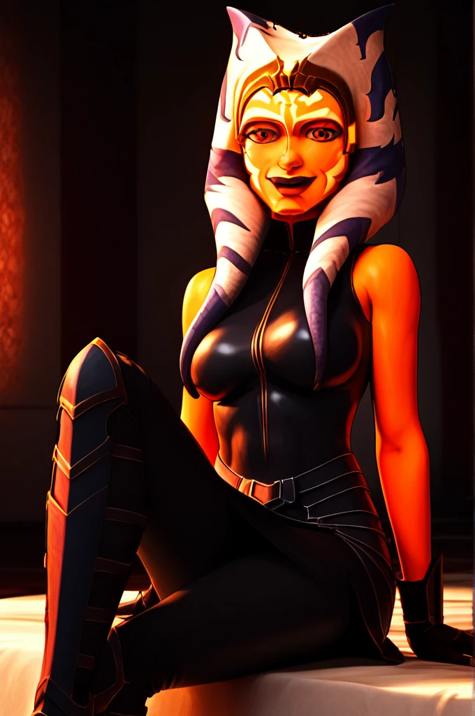 score_9, score_8_up, score_7_up, score_6_up, score_5_up, score_4_up, AhsokaTanoXL, red eyes, tentacle hair, orange skin, colored skin, facial mark, large breasts, black latex dress, skirt, black pants, bare shoulders, guantlets, hip armor, skirt,black pants, black higheeld boots,black gloves, solo, sitting, evil smile, looking at viewer, indoors 