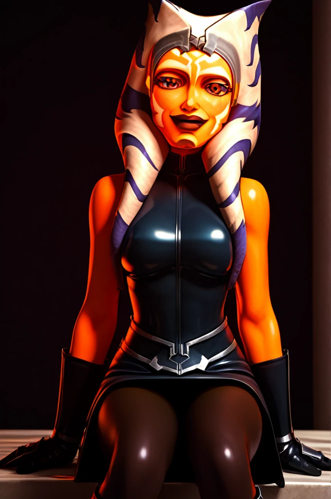 score_9, score_8_up, score_7_up, score_6_up, score_5_up, score_4_up, AhsokaTanoXL, red eyes, tentacle hair, orange skin, colored skin, facial mark, large breasts, black latex dress, skirt, black pants, bare shoulders, guantlets, hip armor, skirt,black pants, black higheeld boots,black gloves, solo, sitting, evil smile, looking at viewer, indoors 