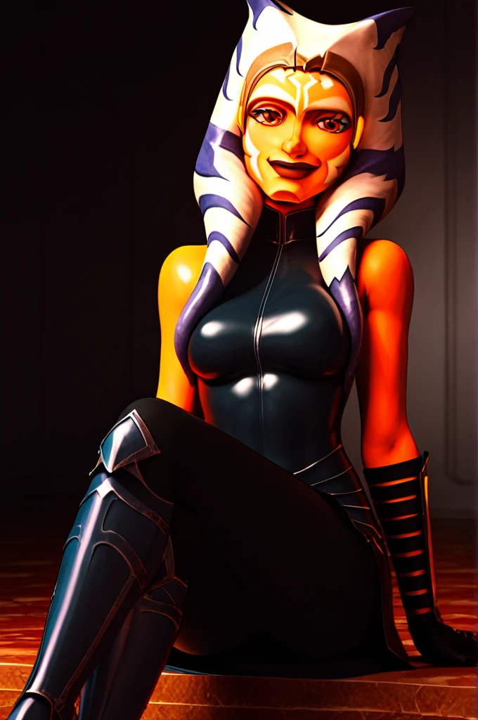 score_9, score_8_up, score_7_up, score_6_up, score_5_up, score_4_up, AhsokaTanoXL, red eyes, tentacle hair, orange skin, colored skin, facial mark, large breasts, black latex dress, skirt, black pants, bare shoulders, guantlets, hip armor, skirt,black pants, black higheeld boots,black gloves, solo, sitting, evil smile, looking at viewer, indoors 