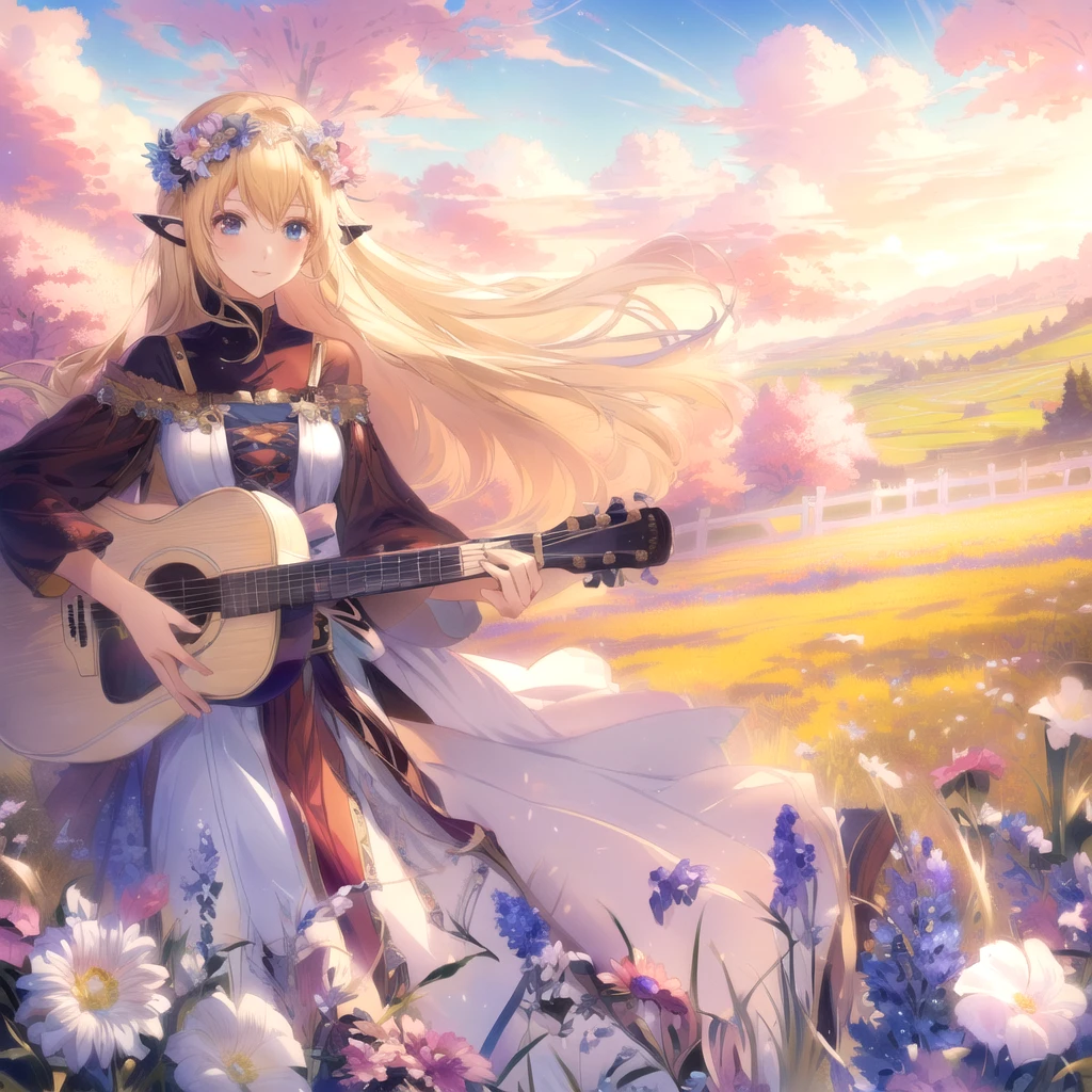 high quality、Anime girl playing bodhran in a flower field, Beautiful peaceful scene in anime, Beautiful Anime artwork, Beautiful Anime, Beautiful Anime art, Beautiful fantasy anime, Anime countryside landscape, Anime fantasy artwork, Anime fantasy illustration, blonde anime girl with long hair, Anime Art Wallpapers 8K, Cute and detailed digital art, High-resolution anime art, Beautiful Anime girl, anime art wallpaper 4k