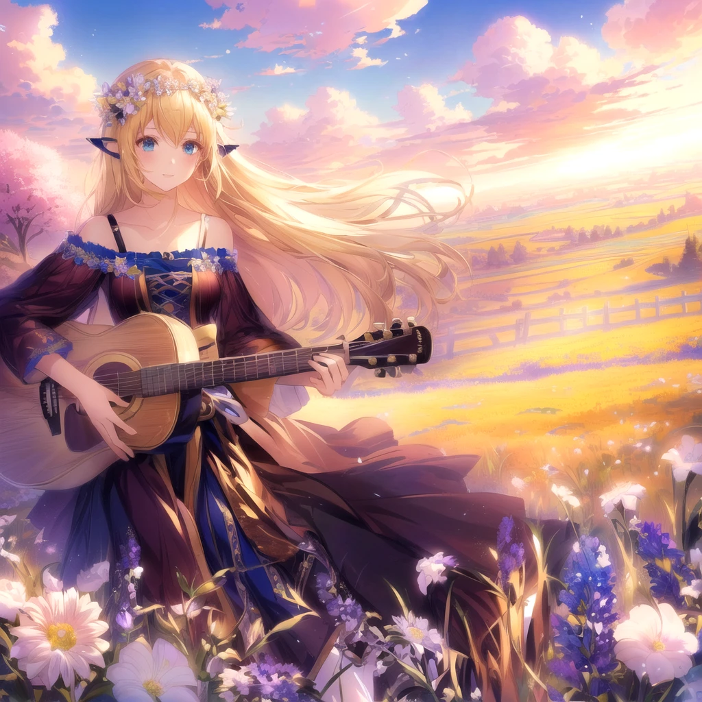 high quality、Anime girl playing bodhran in a flower field, Beautiful peaceful scene in anime, Beautiful Anime artwork, Beautiful Anime, Beautiful Anime art, Beautiful fantasy anime, Anime countryside landscape, Anime fantasy artwork, Anime fantasy illustration, blonde anime girl with long hair, Anime Art Wallpapers 8K, Cute and detailed digital art, High-resolution anime art, Beautiful Anime girl, anime art wallpaper 4k