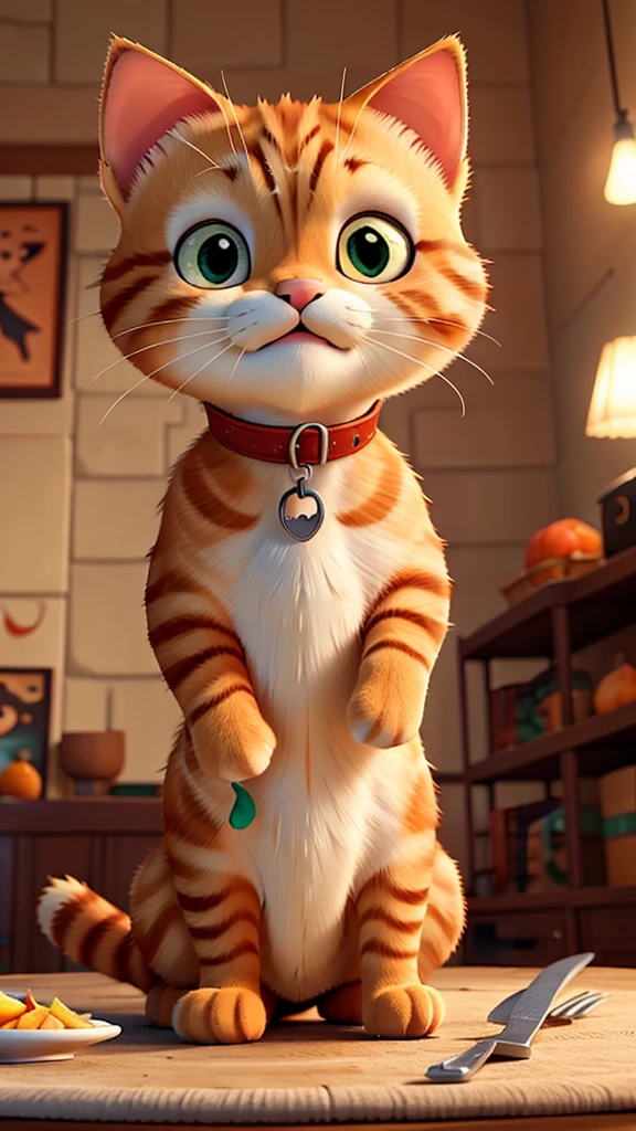 orange tabby cat, chubby, eating with knife and fork, anime style, Disney style, high resolution