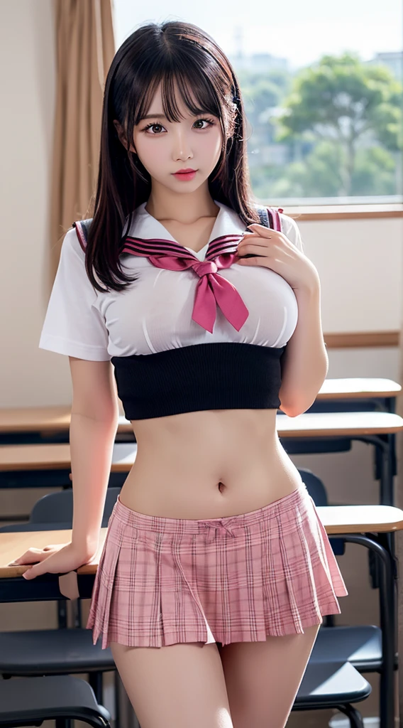 anime、Beautiful pink eyes、Black Hair、Belly button piercing、, Glossy with oil々Skin、Wear a sailor uniform、Pink Check Skirt、NSFW.Shiny thighs,、Narrow waist、Firm big breasts、panty lift.cute、Love juice drips、lure、Classroom