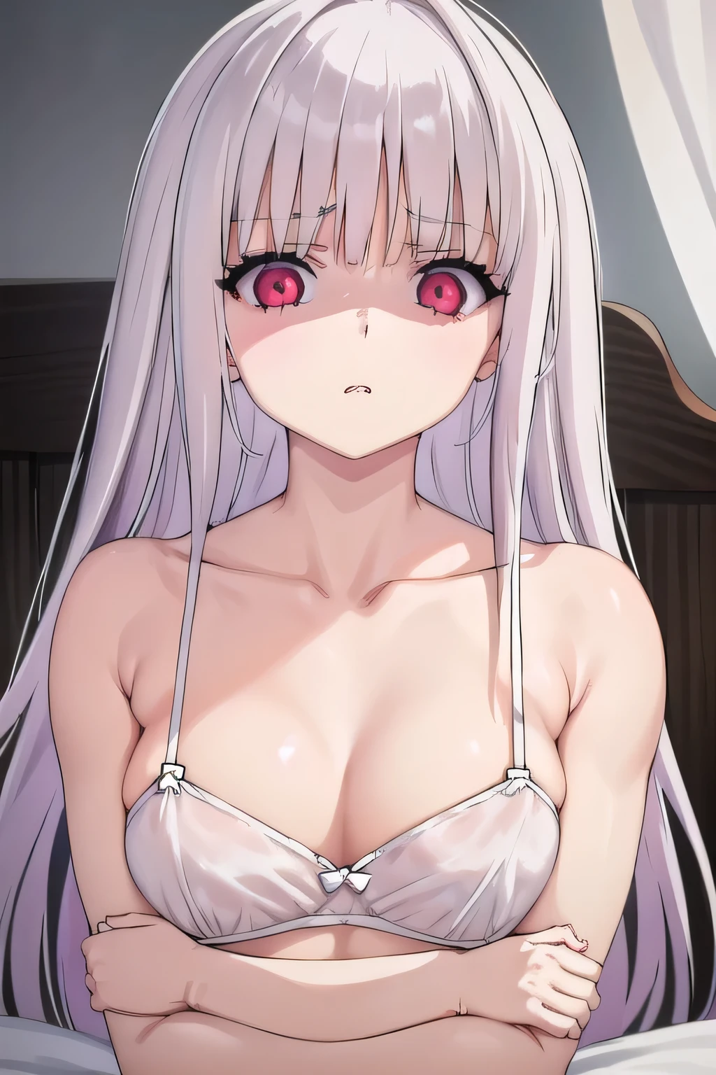 masterpiece, best quality, ultra-high-detailed, Disgusted face, white hair, red eyes, sigtuna julie , small breast, looking to viewer, deep eyes, glare eyes, upper shot, muscular, eyeshadow,  bare shoulder , Collarbone ,upper body , spaghetti straps, mirroring , medium breast , detail face, eyes to viewer , shaded face, fit body , leaning forward , in bed, underwire bra, open front bra, cleavage  , close up of a person with a fist in a fist pose,   near camera shot, so close, 