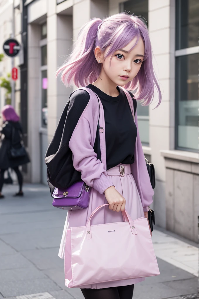 Create a new style emotion playfully, lilac with pink, kinda crazy, holding bags