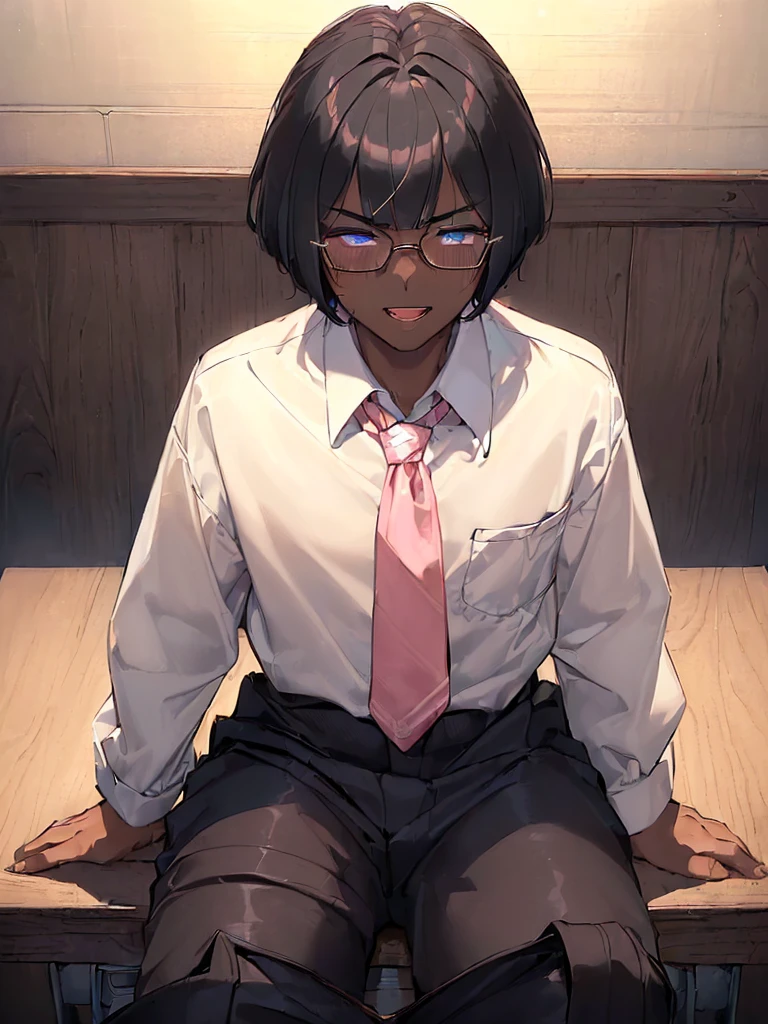 (1 feminine boy solo:1.7),(dark skin:1.5),(masterpiece:1.2), highest quality, High resolution, unity 8k wallpaper, (fine and beautiful eyes:1.6), highly detailed face, perfect lighting, Detailed CG, (perfect hands, perfect anatomy),20 years old, (black hair:1.3), detailed eyes, best quality, extremely detailed, very precise detailed, (glasses:1.4), (blunt bangs:1.5), (open mouth:1.2), (short hair:1.5), (evil smile:1.4), , (half closed eyes:1.3) ,long sidelocks, (blush:1.3),(sit on desk:1.3),(Put left knee in front:1.5),(boy's school uniform long pant:1.5),(loosen necktie:1.2),spread legs,bend knee,open shirt