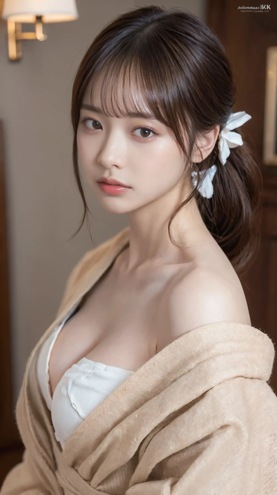 ((Highest quality, 8K, masterpiece, Super detailed, 超High resolution, Realistic, RAW Photos, Absurd, The absolute solution:1.5)), pretty girl, One girl,Tabletop, Highest quality, figure, Super detailed, In detail, High resolution, 8K壁紙, Perfect dynamic composition, Beautiful attention to detail, kimono, Off the shoulder, Cleavage