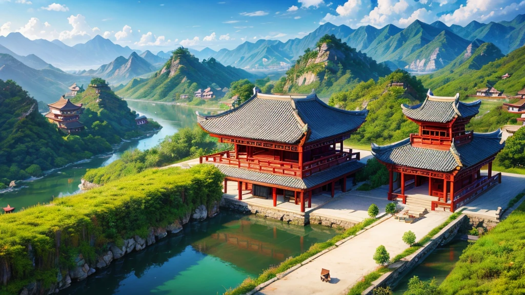 Beautiful scenery of ancient Chinese village. Aerial view, Photorealistic photos, High definition, 8K