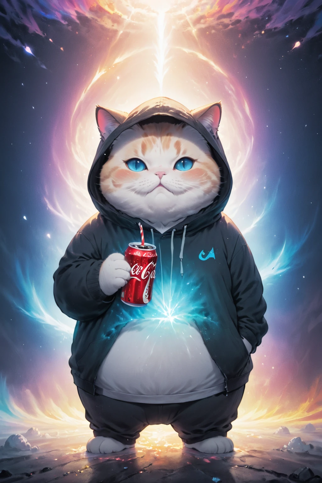 Cosmic Canvas,(dystopian background:1.3), Flawless, Clean, masterpiece, Draw a chubby cat, Wearing a hoodie, Holding a Coke, Light mist,   