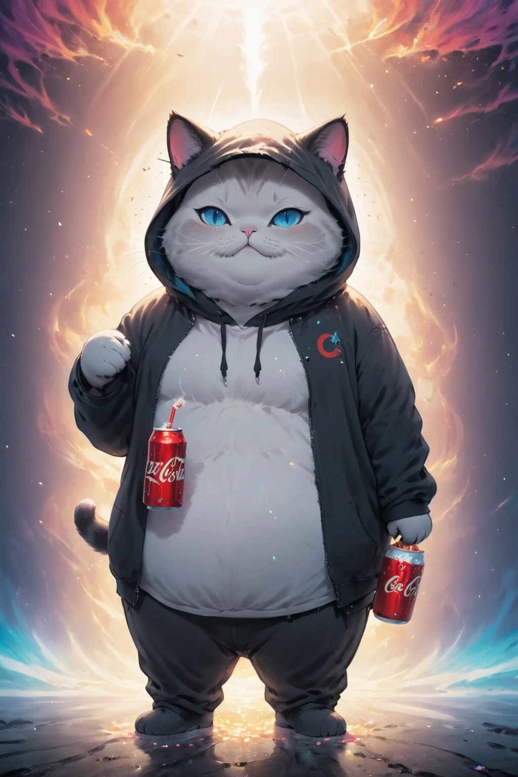 Cosmic Canvas,(dystopian background:1.3), Flawless, Clean, masterpiece, Draw a chubby cat, Wearing a hoodie, Holding a Coke, Light mist,   