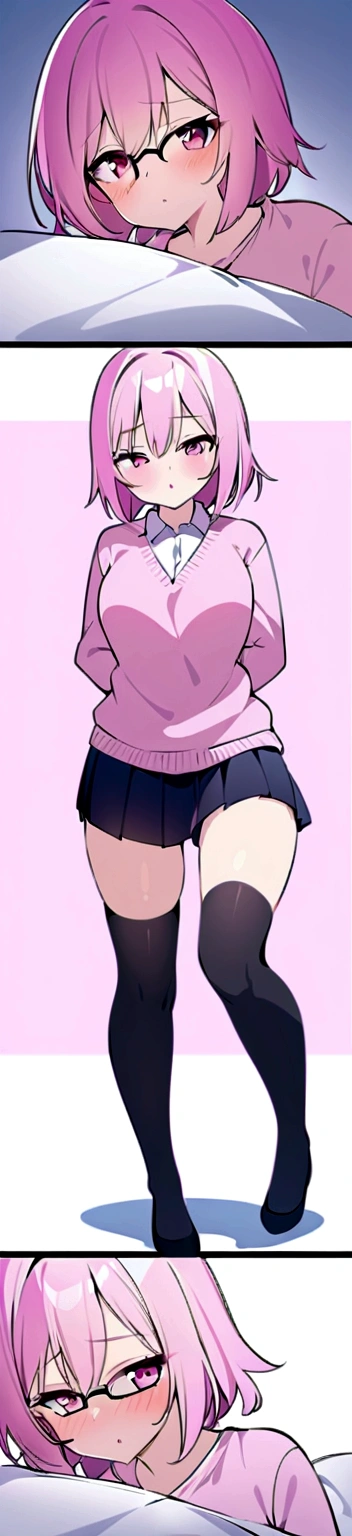 pink hair black glasses pink eyes extremely blushing a big pink sweater short black short skirt black stockings be a reserved girl her bed 