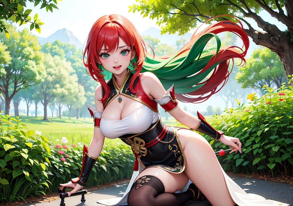 Gripping big sword, Realistic photos, Focus distance 10mm, Red and white, A big smile, Green Hair, Beautiful girl, Realistic photos, Focus distance 10mmで撮影, masterpiece, 最high quality, high quality, Very detailed CG 8k wallpaper unit, Award-winning photography, Bokeh, Depth of written boundary, High resolution, bloom, chromatic aberration, Realistic, Very detailed, Art Station Trends, CGsociety Trends, Complex, High detail, dramatic, Art on the go, Japanese style
