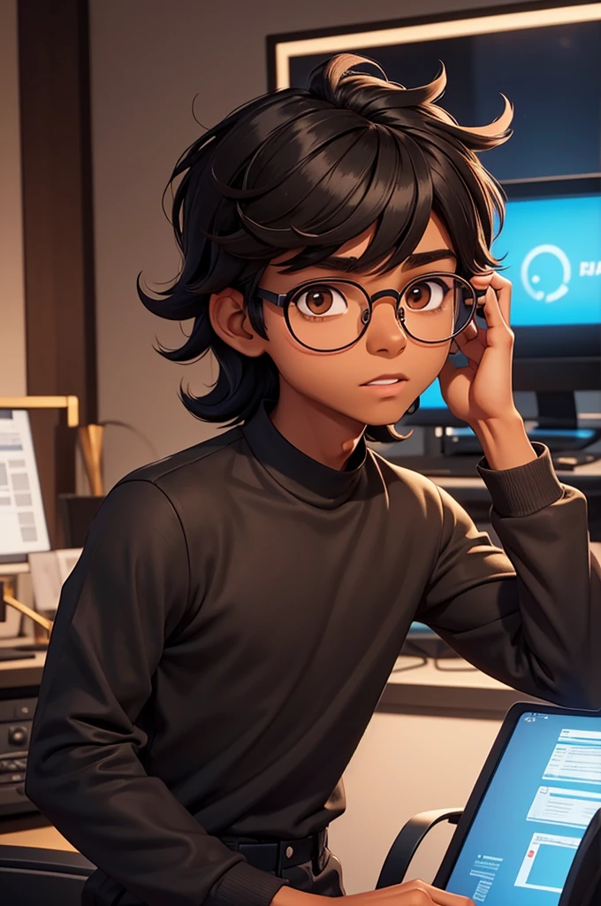 1 MALE WITH PERFECTLY ROUND GLASSES, BROWN SKIN TONE, SKINNY BODY, SOUTH ASIAN, BLACK HAIR, WOLFCUT HAIR, 25CM HAIR, BANGS, HAIR DOWN, HAIR COVERING FOREHEAD, BLACK SHIRT, GAMER, LONG SLEEVE