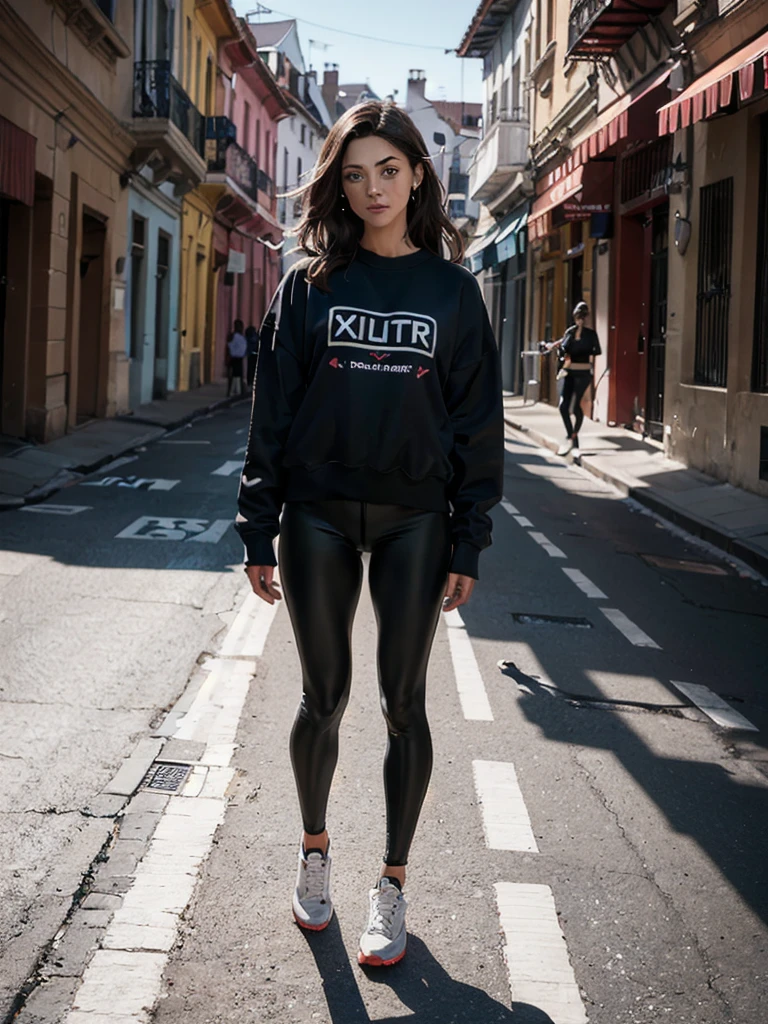 georgeous young colombian woman,playing french football, wearring a legging and a sweatshirt, full body, beautiful face, masterpiece, best quality, ultra-detailed, solo, shadows, contrast, cinematic light, side lighting, ultra hight resolution, best shadow, RAW, 4K, 85mm, poca profundidad de campo, Kodak Vision Color, extrem adamente detallado, Cinematographer_\(ultra\), photorealistic, Realistic, Postproceso, Maximum details, aspereza, vida real, ultra realista, fotorrealismo, Cinematographer, 8k HD, Cinematographer