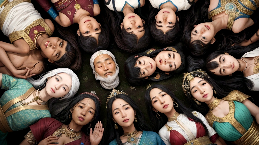 "Description: Illustrate a diverse group of individuals from various cultural backgrounds, each sharing their personal stories of near-death experiences (NDEs) and encounters with the afterlife. Show them gathered in a circle, sharing their testimonies with expressions of awe and wonder.
Details: Use a multicultural palette and diverse facial features to represent different ethnicities and cultures. Include symbolic elements like guardian spirits, ethereal landscapes, and celestial symbols that resonate with each person's unique experience. This visual should convey a sense of unity in diversity and the universal themes of hope and redemption in diverse cultural understandings of the afterlife."
