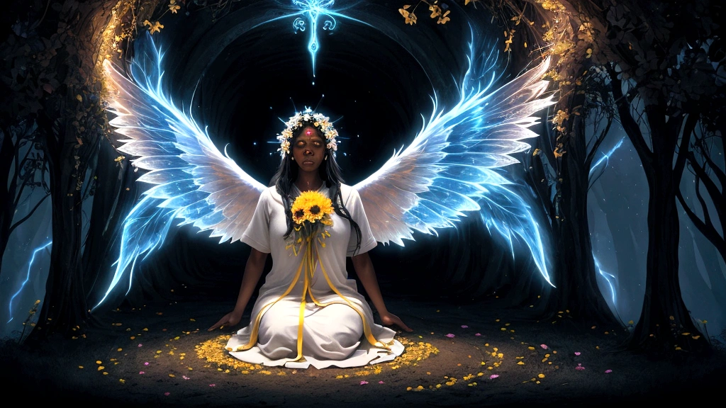 "Description: Create a scene depicting a person (based on a real-life testimony) undergoing a profound spiritual transformation after a near-death experience. Show the individual emerging from darkness into light, surrounded by symbols of renewal and divine presence.
Details: Use contrasting colors to depict the transition from darkness to light, symbolizing spiritual awakening and redemption. Include elements such as a tunnel of light, angelic figures, and symbols of rebirth like butterflies or blooming flowers. This visual should evoke a sense of awe and spiritual renewal inspired by modern testimonies affirming the reality of life beyond death."