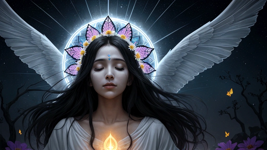"Description: Create a scene depicting a person (based on a real-life testimony) undergoing a profound spiritual transformation after a near-death experience. Show the individual emerging from darkness into light, surrounded by symbols of renewal and divine presence.
Details: Use contrasting colors to depict the transition from darkness to light, symbolizing spiritual awakening and redemption. Include elements such as a tunnel of light, angelic figures, and symbols of rebirth like butterflies or blooming flowers. This visual should evoke a sense of awe and spiritual renewal inspired by modern testimonies affirming the reality of life beyond death."