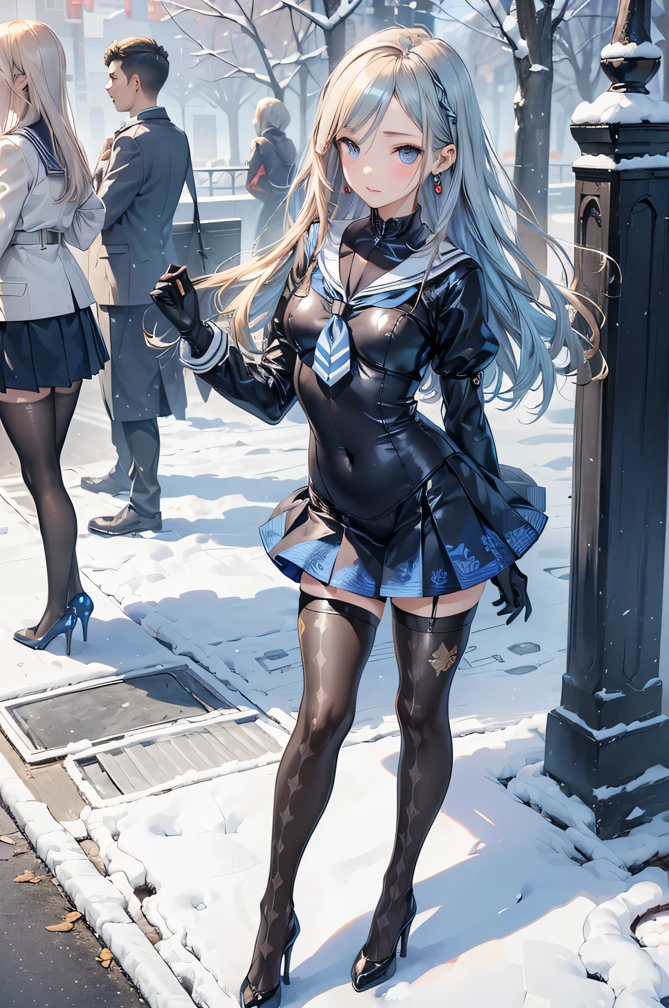 ((Biologically correct limb count)),(( From head to toe,Full-body photo including face)),4K,((Standing position)),masterpiece,((Focus on the face)),((Symmetrical facial features)),Eyes with detailed description,Beautiful woman,Great style,Beautiful arms,Beautiful legs,Beautiful Hands,(Small Ass,Thin thighs),Facial detailing,Small earrings,necklace,(Rubber Sailor Suit,mini skirt((High heels,Patterned stockings))),((Meeting at the school gate)),Silk gloves,(((blue blonde))),Realistic photo