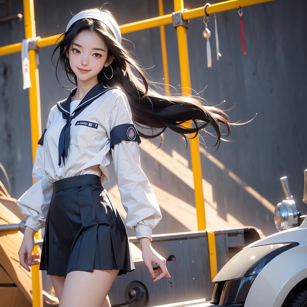 Body eight times longer than head, (Highly detailed CG Unity 8k), (Highest quality),(Very detailed),(Ultra-high resolution), Black Hair, High school girl wearing a navy sailor suit, Anime 2D Rendering, Realistic young anime school girl, (White headband), smile, Purple eyes, Small breasts, expensive, Slanted Eyes, School Scene, Black Stockings, Bright colors, Please open your mouth a little, Dark blue skirt, Braid