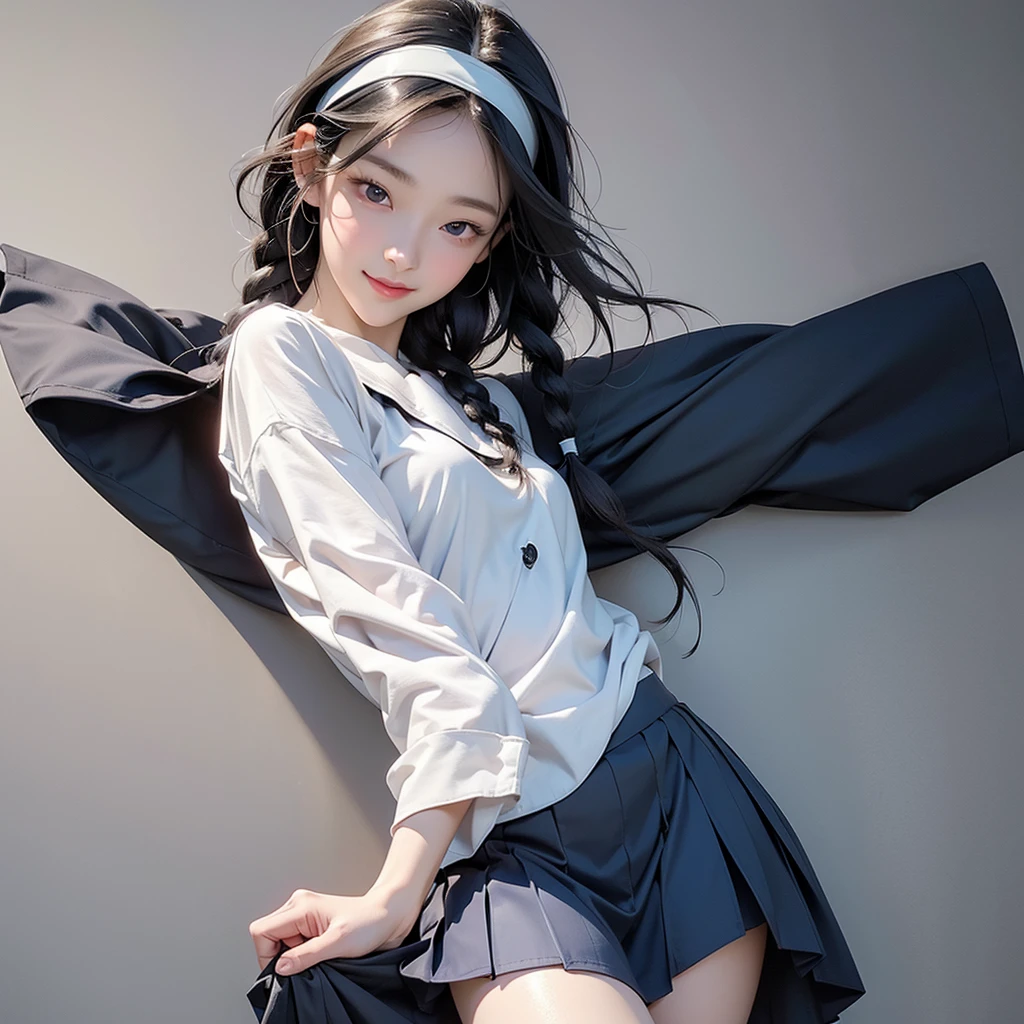Body eight times longer than head, (Highly detailed CG Unity 8k), (Highest quality),(Very detailed),(Ultra-high resolution), Black Hair, High school girl wearing a navy sailor suit, Anime 2D Rendering, Realistic young anime school girl, (White headband), smile, Purple eyes, Small breasts, expensive, Slanted Eyes, School Scene, Black Stockings, Bright colors, Please open your mouth a little, Dark blue skirt, Braid