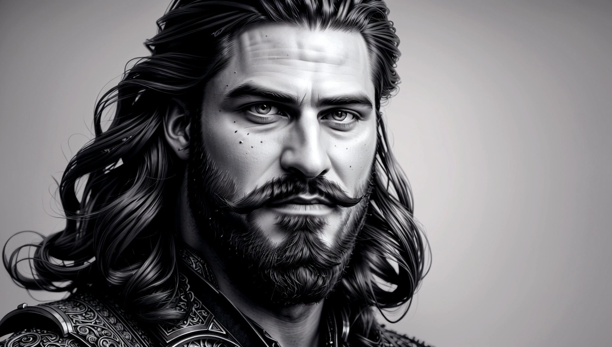 illustration,monochrome,(Highest quality:1.4),(4K:1.4),(Detailed:1.3),Pencil drawing style,Bust,Long-haired men,Landscape,Deeply carved,Handsome,short beard on the chin,steampunk