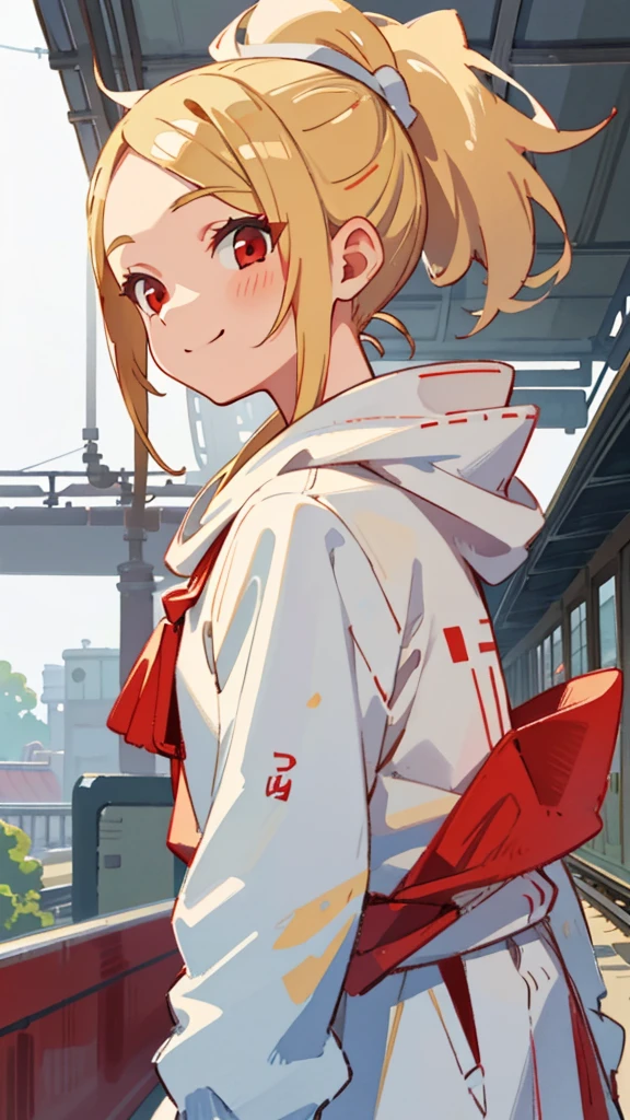1 Girl、Anime style painting、Blonde、Red eyes、ponytail、smile、Upper body close-up、From the side、Wearing a white hoodie、Railway station background