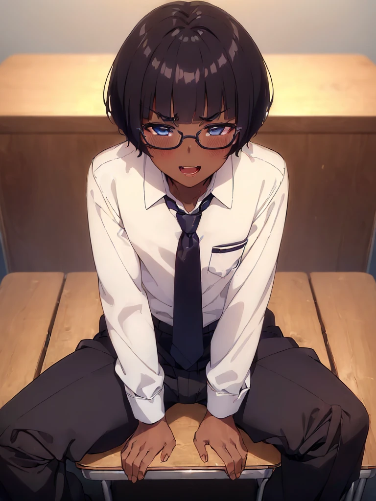 (1 feminine boy solo:1.7),(dark skin:1.5),(masterpiece:1.2), highest quality, High resolution, unity 8k wallpaper, (fine and beautiful eyes:1.6), highly detailed face, perfect lighting, Detailed CG, (perfect hands, perfect anatomy),20 years old, (black hair:1.3), detailed eyes, best quality, extremely detailed, very precise detailed, (glasses:1.4), (blunt bangs:1.5), (open mouth:1.2), (short hair:1.5), (evil smile:1.4), , (half closed eyes:1.3) ,long sidelocks, (blush:1.3),(sit on desk:1.3),(Put left knee in front:1.5),(boy's school uniform long pant:1.5),(loosen necktie:1.2),spread legs,bend knee,open shirt