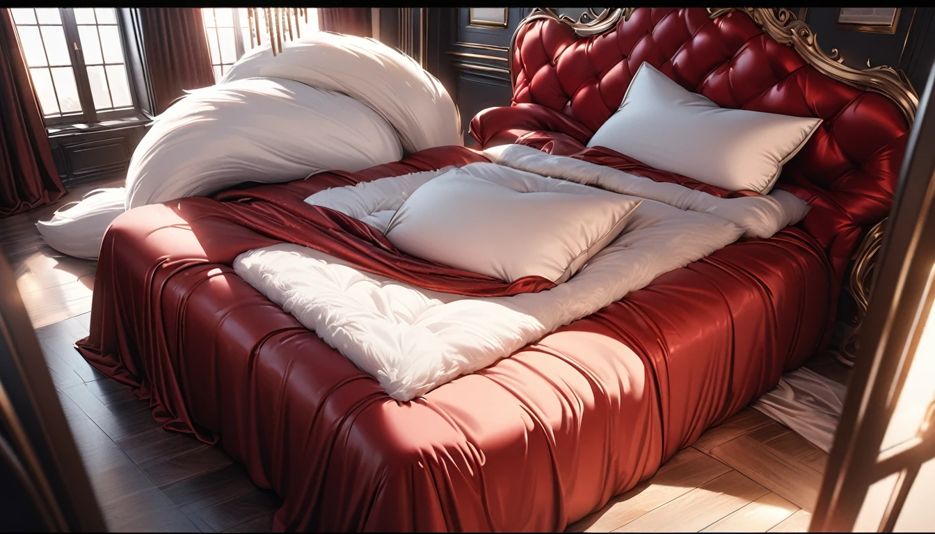 A fluffy red silk feather duvet, many huge silk body pillows, a luxurious and fluffy red silk bed, red silk sheets, 8k, best quality, high detailed, photorealistic, dramatic lighting, warm tones, luxurious, soft, plush, velvet, satin, velvety textures, elegant, sophisticated, premium, lavish, opulent, sumptuous, indulgent, exquisite, refined, lush, White hair, fox ears, fox tail