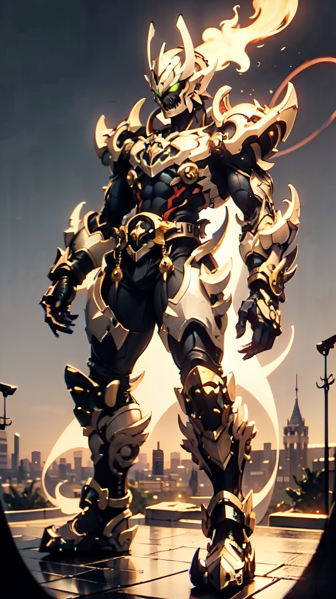 (masterpiece:1.5, best quality:1.5, extremely delicate:1.5, perspective:1.5, foreshortening:1.5, dynamic angle:1.5), a man wearing a full-face helmet, a fantasy-style biotech armored combat suit, green eyes, (a composite layered chest armor), fully enclosed shoulder guards, matching arm and leg guards, the belt is adorned with fangs biting into orbs, (the color scheme is primarily black with red accents), the design balances heavy with agility, a high-tech bio-mecha armor, (Armor Concept Inspired by Bat, stand on the top of a skyscraper in a futuristic sci-fi city), this character embodies a finely crafted fantasy-surreal style armored hero in anime style, exquisite and mature manga art style, (element, plasma, energy, the armor glows), ((male:1.5)), metallic, high definition, highres, ultra-detailed, ultra-fine painting, professional, perfect body proportions, golden ratio, anatomically correct, symmetrical face, extremely detailed eyes and face, high quality eyes, creativity, RAW photo, UHD, 32k, Natural light, cinematic lighting, masterpiece-anatomy-perfect