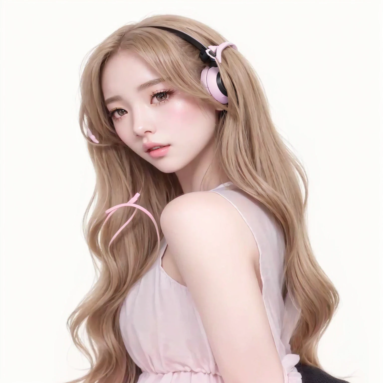 a close-up of a woman with long hair wearing headphones, Guweiz, artwork in the style of guweiz, kawaii realistic portrait, trends on cgstation, realistic 3d anime style, April rendering, model iG | artegerm, anime girl with long hair, young realistic anime, high-quality portrait, soft anime cg art , Black pink Lisa , Blackpink Jennie