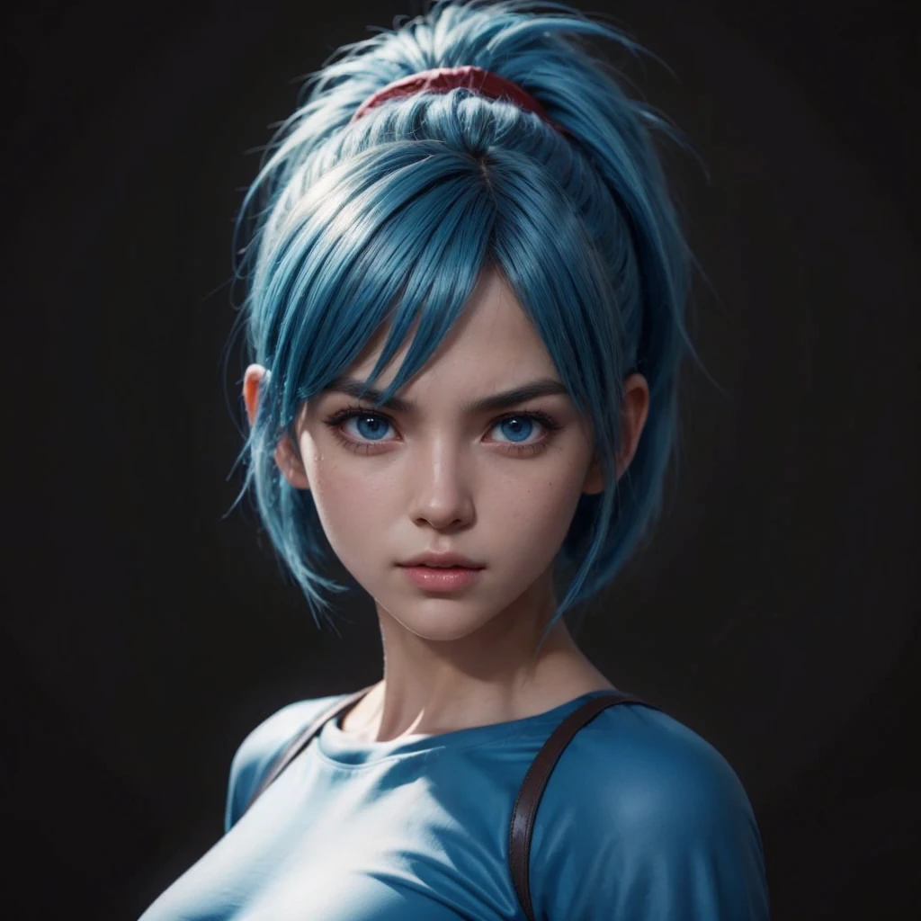 Bulma, highly detailed, incredibly realistic, perfect face and body, spiked hair, determined expression, dynamic pose, photorealistic, 8k, hyperrealistic, cinematic lighting, dramatic shadows, vibrant colors, masterpiece.