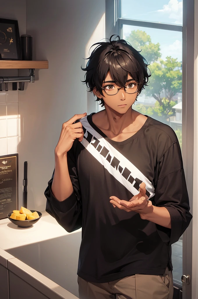 1 MALE WITH PERFECTLY ROUND GLASSES, BROWN SKIN TONE, SKINNY BODY, SOUTH ASIAN, BLACK HAIR, WOLFCUT HAIR, 35CM HAIR, BANGS, HAIR DOWN, HAIR COVERING FOREHEAD, BLACK SHIRT, GAMER, LONG SLEEVE