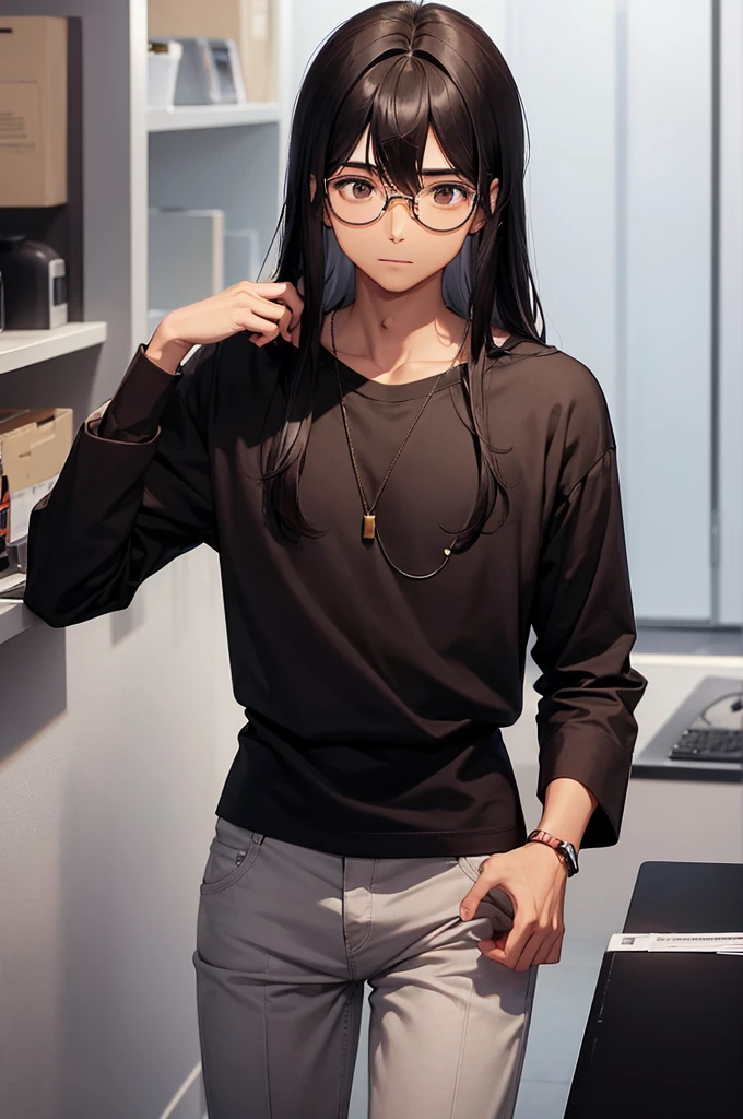 1 MALE WITH PERFECTLY ROUND GLASSES, BROWN SKIN TONE, SKINNY BODY, SOUTH ASIAN, BLACK HAIR, WOLFCUT HAIR, 35CM HAIR, BANGS, HAIR DOWN, HAIR COVERING FOREHEAD, BLACK SHIRT, GAMER, LONG SLEEVE