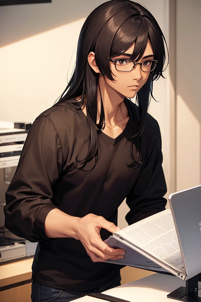 1 MALE WITH PERFECTLY ROUND GLASSES, BROWN SKIN TONE, SKINNY BODY, SOUTH ASIAN, BLACK HAIR, WOLFCUT HAIR, 35CM HAIR, BANGS, HAIR DOWN, HAIR COVERING FOREHEAD, BLACK SHIRT, GAMER, LONG SLEEVE
