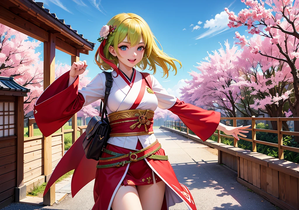 Gripping big sword, Realistic photos, Focus distance 10mm, Red and white, A big smile, Green Hair, Beautiful girl, Realistic photos, Focus distance 10mmで撮影, masterpiece, 最high quality, high quality, Very detailed CG 8k wallpaper unit, Award-winning photography, Bokeh, Depth of written boundary, High resolution, bloom, chromatic aberration, Realistic, Very detailed, Art Station Trends, CGsociety Trends, Complex, High detail, dramatic, Art on the go, Japanese style
