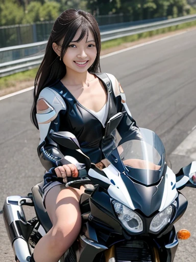 Japanese female, a lot of details, (underweight), 30 years old, detailed black hair, beautiful detailed hair, super fucking beautiful, delicate beautiful face, complex details beautiful and delicate eyes, perfect hands, (flat chest best quality:1.5), perfect and delicate limbs, detailed skin, best quality, ultra-detailed,(cheerful grin:1.5),
riding suit woman, (Riding a super sports motorcycle:1.5),honda super sport motorcycle, motion blur:1.6