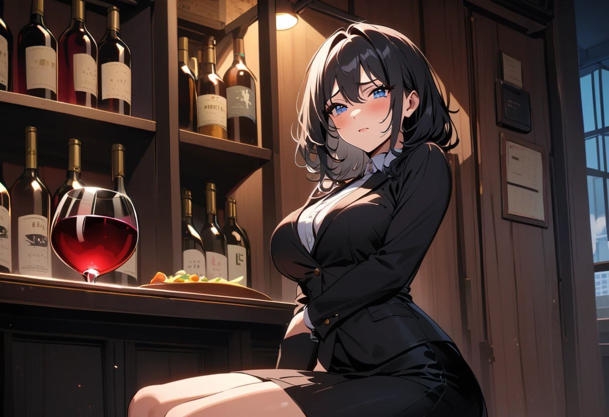 (Sad expression wife),A woman mature and sexy,Delicate face,Sitting at the bar with a glass of wine,A cautious expression,Black skirt, (black hair),(Eyes with large blue irises,,(Large Breasts),Big buttocks,(5 feet tall)), Pop music (masterpiece, best quality:1.1),Detailed hands,Pop musicart style,