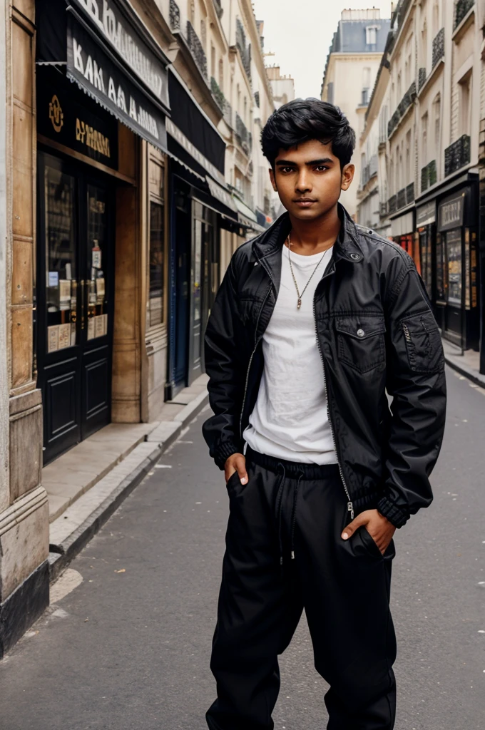 A indian boy in Paris wearing black jacket and baggy pants.