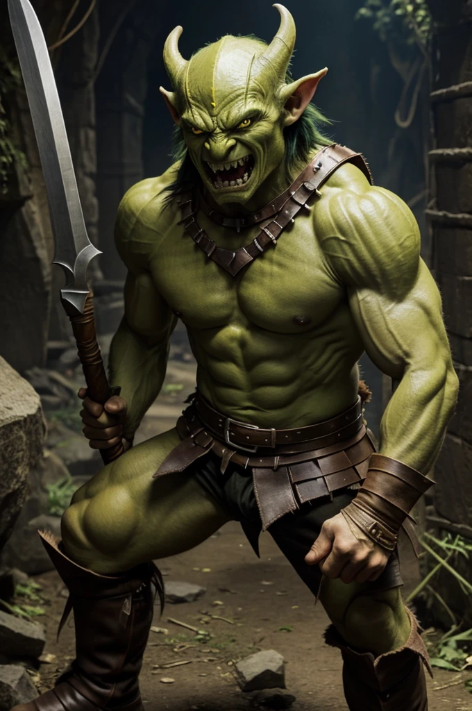 Goblin, green skin, yellow eyes, muscular, pointy ears, stubble chin, sharp teeth, wears leather armour and boots, wears a loincloth, carries daggers