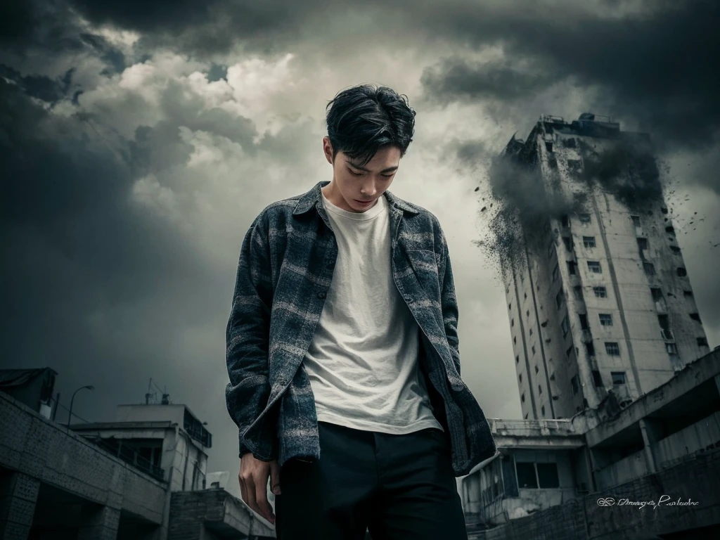A striking, cinematic portrait of a young Korean man, captured from an aerial perspective. He stands tall and confident, dressed in a flannel shirt and a white t-shirt, against the backdrop of a somber and dramatic landscape. Dark clouds loom overhead, casting a gloomy light on the scene, while a towering building seems to be on the verge of collapse. The atmosphere is heavy with foreboding, and the color palette is dominated by shades of gray, black, and dark blue. The photograph captures a poignant moment in time, blending fashion and emotion in a powerful visual statement., portrait photography, cinematic, fashion, photo