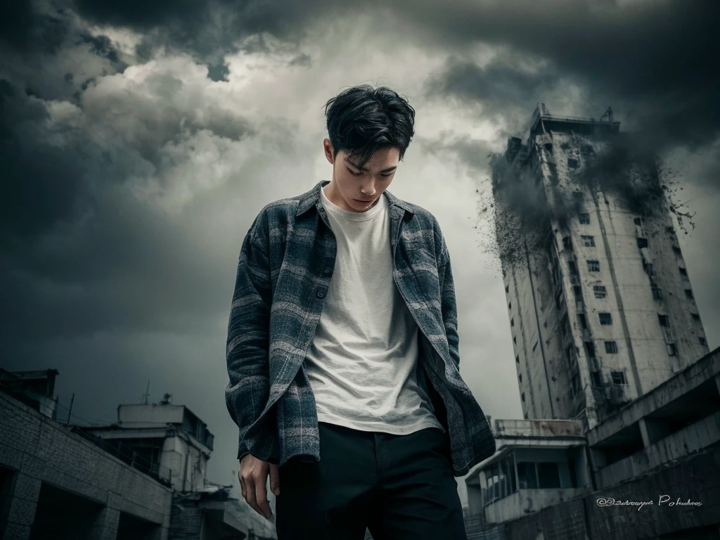 A striking, cinematic portrait of a young Korean man, captured from an aerial perspective. He stands tall and confident, dressed in a flannel shirt and a white t-shirt, against the backdrop of a somber and dramatic landscape. Dark clouds loom overhead, casting a gloomy light on the scene, while a towering building seems to be on the verge of collapse. The atmosphere is heavy with foreboding, and the color palette is dominated by shades of gray, black, and dark blue. The photograph captures a poignant moment in time, blending fashion and emotion in a powerful visual statement., portrait photography, cinematic, fashion, photo